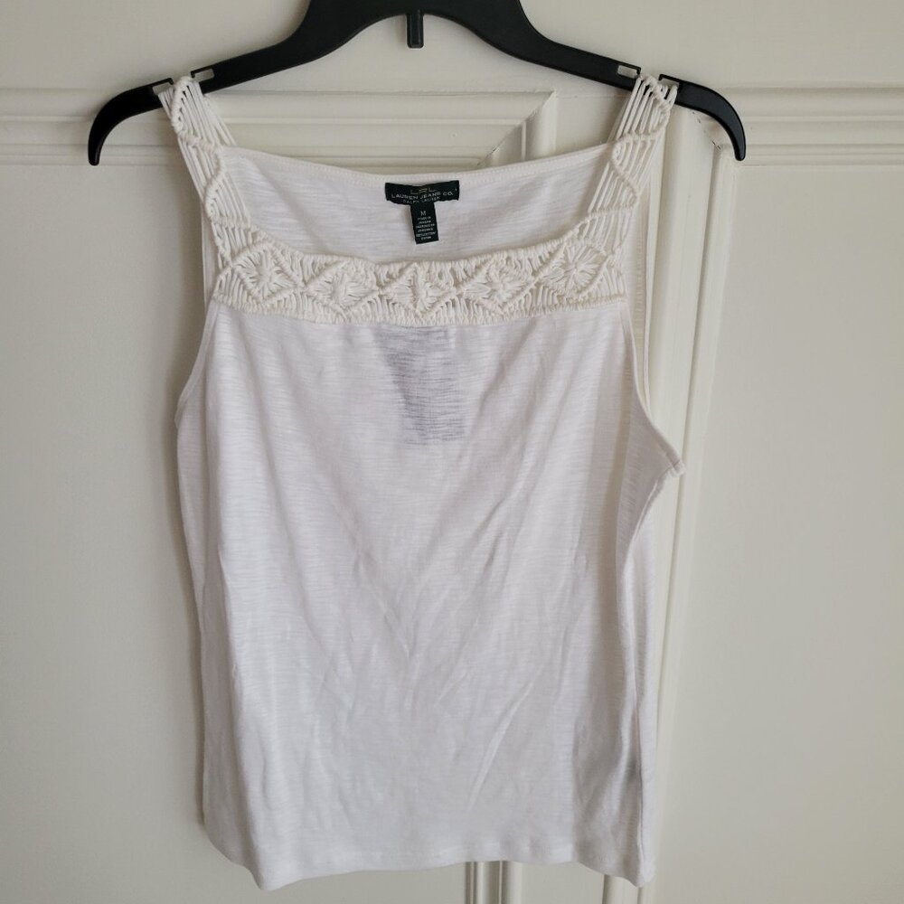 Lauren Jeans Co. Women’s Tank Top M Ivory Macramé Neck Sleeveless LRL NWT